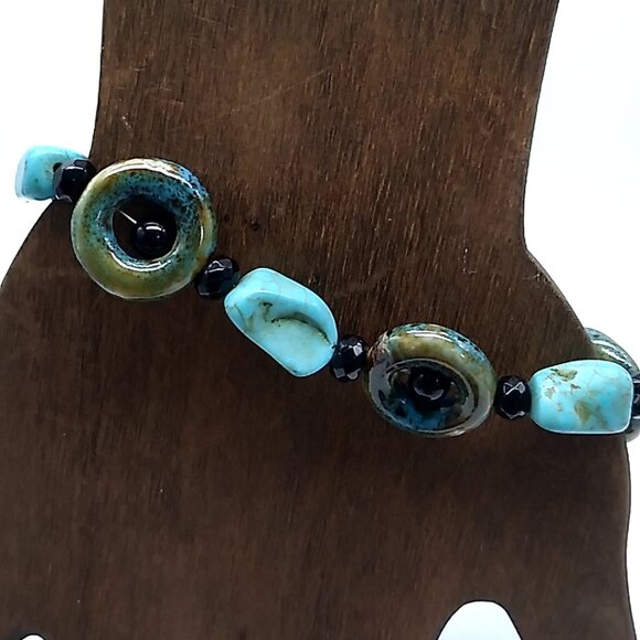 Turquoise Stone Bohemian Bracelet Ceramic Donut Resin Beaded Bracelet - Picture 6 of 16